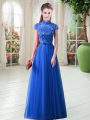 Discount High-neck Cap Sleeves Tulle Prom Dresses Appliques Lace Up