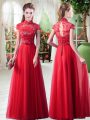 Attractive High-neck Cap Sleeves Lace Up Prom Gown Red Tulle