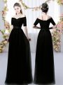 Popular Floor Length Black Vestidos de Damas Off The Shoulder Short Sleeves Lace Up