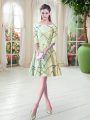Super Yellow Green Half Sleeves Ruching Knee Length Dress for Prom