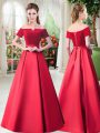 Comfortable Floor Length Red Prom Dresses Off The Shoulder Short Sleeves Lace Up