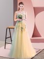 Edgy Sleeveless Floor Length Appliques Lace Up Prom Gown with Light Yellow