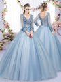Custom Design Floor Length Blue Vestidos de Quinceanera Tulle Long Sleeves Lace and Appliques