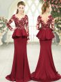 Long Sleeves Sweep Train Zipper Lace and Appliques Prom Gown