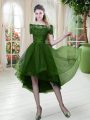 Green Off The Shoulder Neckline Lace Prom Gown Short Sleeves Lace Up