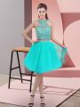 Turquoise Backless Halter Top Beading Prom Gown Organza Sleeveless