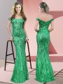 Green Mermaid Ruching Prom Dresses Zipper Sequined Sleeveless Floor Length