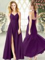 Modest Chiffon Halter Top Sleeveless Backless Ruching Prom Dresses in Purple