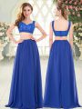 Romantic Floor Length Royal Blue Prom Evening Gown Chiffon Sleeveless Beading and Lace