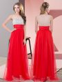 Red Chiffon Side Zipper Scoop Sleeveless Floor Length Prom Evening Gown Sequins