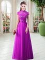 Suitable High-neck Cap Sleeves Tulle Prom Dresses Appliques and Belt Lace Up