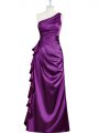 Purple Elastic Woven Satin Side Zipper Evening Dress Sleeveless Floor Length Beading and Ruching and Pleated