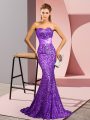 Dazzling Sweep Train Mermaid Evening Dress Purple Sweetheart Sequined Sleeveless Backless