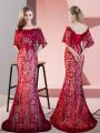 Excellent Red Prom Dresses Off The Shoulder Half Sleeves Sweep Train Lace Up
