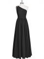Enchanting A-line Prom Evening Gown Black One Shoulder Chiffon Sleeveless Floor Length Zipper