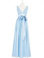 Floor Length Backless Prom Party Dress Baby Blue for Prom and Party and Military Ball with Ruching and Bowknot