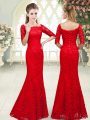 Fine Red Lace Lace Up Scalloped 3 4 Length Sleeve Floor Length Evening Dress Beading