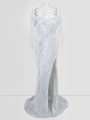 Noble Off The Shoulder Short Sleeves Sweep Train Sequins Prom Gown in Silver