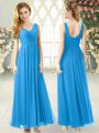 Elegant V-neck Sleeveless Prom Gown Ankle Length Ruching Blue Chiffon