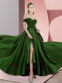 Off The Shoulder Sleeveless Sweep Train Backless Evening Dress Green Elastic Woven Satin