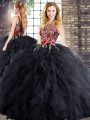 Floor Length Zipper Quince Ball Gowns Black for Military Ball and Sweet 16 and Quinceanera with Embroidery and Ruffles