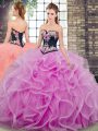 Fashionable Sleeveless Tulle Sweep Train Lace Up Sweet 16 Quinceanera Dress in Lilac with Embroidery and Ruffles