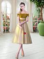 Attractive Gold Lace Up Prom Dresses Appliques Sleeveless Tea Length