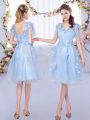 High End Knee Length Light Blue Wedding Guest Dresses V-neck Short Sleeves Lace Up