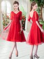 Stunning V-neck Half Sleeves Homecoming Dress Knee Length Beading and Appliques Red Tulle