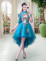 Dramatic High Low Teal Dress for Prom Tulle Half Sleeves Appliques