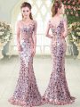 Mermaid Prom Evening Gown Pink V-neck Sequined Sleeveless Floor Length Zipper