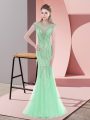 Amazing Apple Green Tulle Zipper Scoop Cap Sleeves Prom Gown Sweep Train Beading