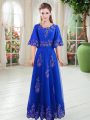 Extravagant Floor Length Royal Blue Prom Dress Scoop Half Sleeves Lace Up