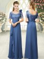 Floor Length Zipper Evening Dress Blue for Prom and Party with Beading and Ruching