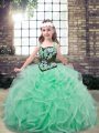 Latest Apple Green Lace Up Child Pageant Dress Embroidery and Ruffles Sleeveless Floor Length