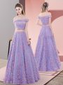Sleeveless Lace Floor Length Zipper Prom Dresses in Lavender with Beading