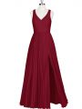 Sleeveless Floor Length Zipper Prom Evening Gown in Wine Red with Pleated