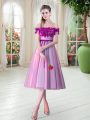 Rose Pink Tulle Lace Up Off The Shoulder Sleeveless Tea Length Prom Evening Gown Appliques