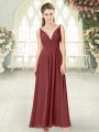 V-neck Sleeveless Prom Dresses Floor Length Ruching Wine Red Chiffon