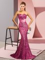 Lovely Pink Backless Sweetheart Beading Prom Party Dress Sequined Sleeveless Sweep Train