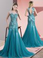 Fantastic Teal Sleeveless Beading and Appliques Backless Prom Gown
