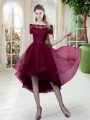 Customized Burgundy A-line Lace Homecoming Dress Lace Up Tulle Short Sleeves High Low