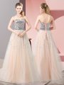 A-line Prom Evening Gown Peach Sweetheart Tulle Sleeveless Floor Length Lace Up