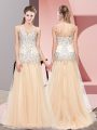 Champagne V-neck Zipper Beading Prom Evening Gown Sweep Train Sleeveless