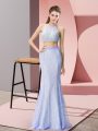 Baby Blue Sleeveless Floor Length Beading and Lace Backless Evening Dress