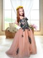 Peach Tulle Lace Up Spaghetti Straps Sleeveless Little Girl Pageant Gowns Brush Train Appliques