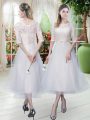 Beauteous White A-line Scoop Half Sleeves Tulle Tea Length Lace Up Lace