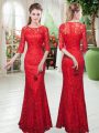 Lovely Red Mermaid Lace Prom Gown Zipper Half Sleeves Floor Length