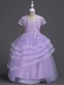 Lavender Ball Gowns Spaghetti Straps Sleeveless Tulle Floor Length Zipper Appliques and Ruffled Layers Flower Girl Dresses for Less