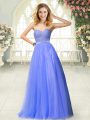Blue Sleeveless Floor Length Beading Zipper Prom Dresses